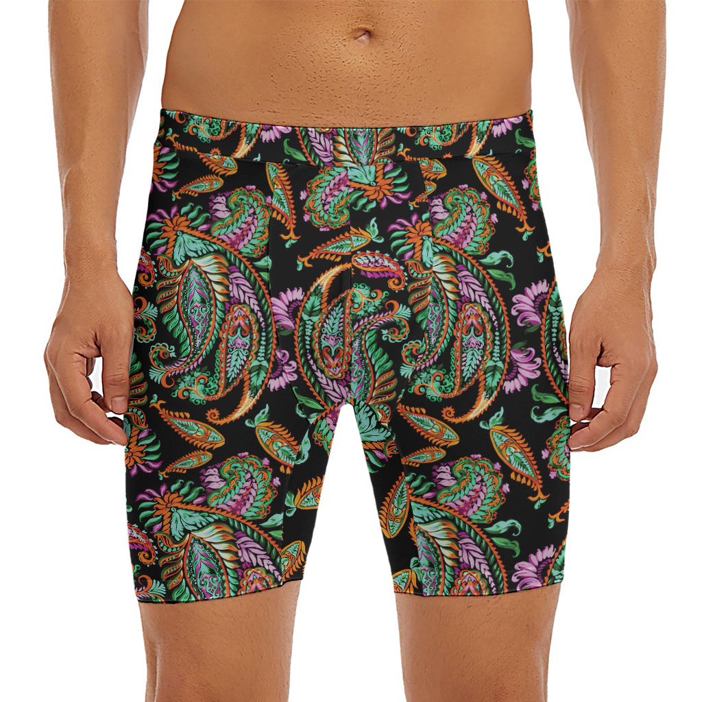 Green Orange And Pink Paisley Print Men's Long Boxer Briefs
