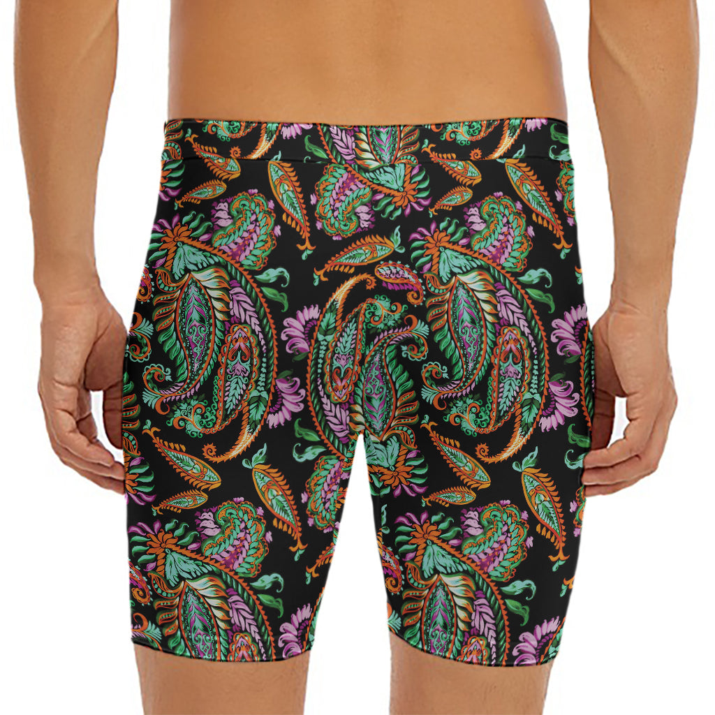 Green Orange And Pink Paisley Print Men's Long Boxer Briefs
