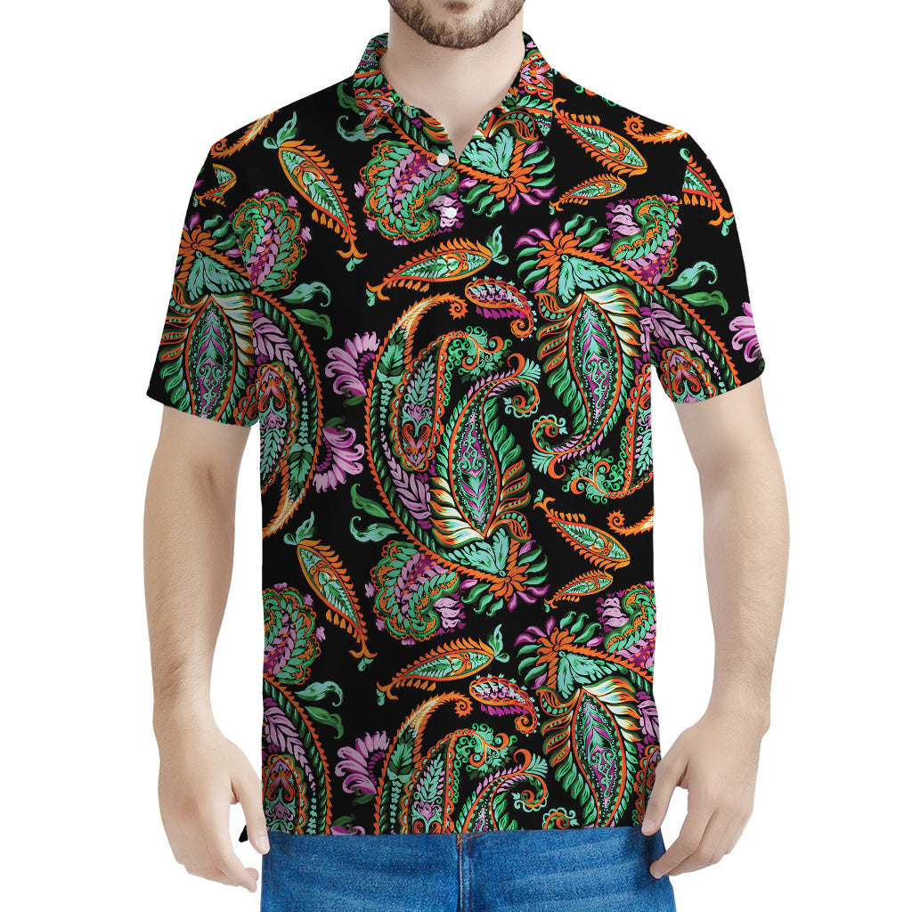 Green Orange And Pink Paisley Print Men's Polo Shirt