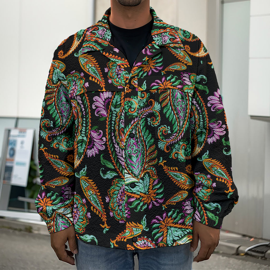 Green Orange And Pink Paisley Print Men's Shirt Jacket