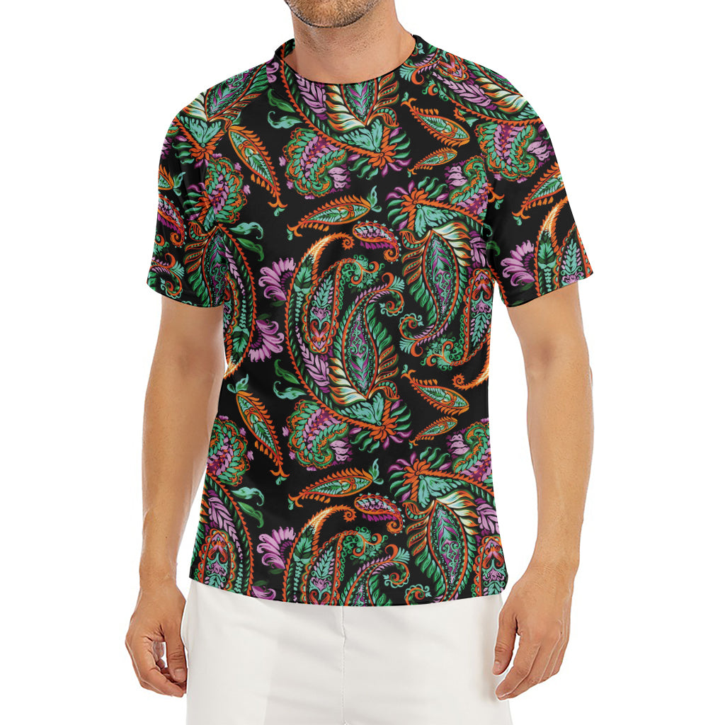 Green Orange And Pink Paisley Print Men's Short Sleeve Rash Guard