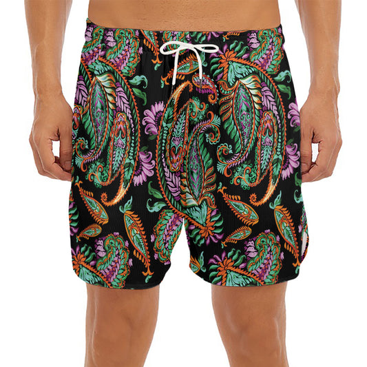 Green Orange And Pink Paisley Print Men's Split Running Shorts