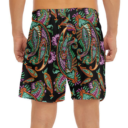 Green Orange And Pink Paisley Print Men's Split Running Shorts