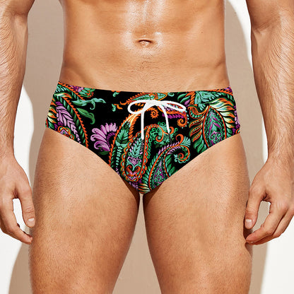 Green Orange And Pink Paisley Print Men's Swim Briefs