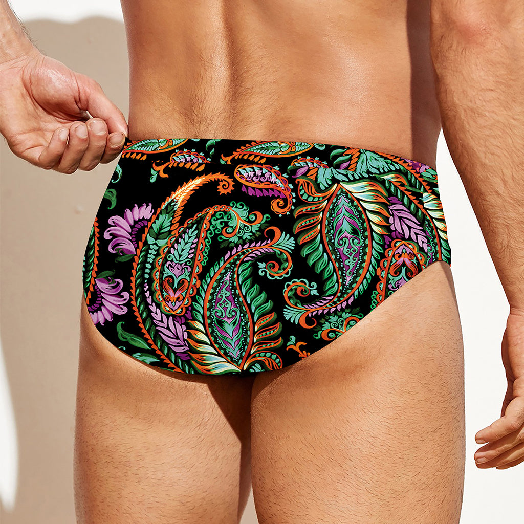 Green Orange And Pink Paisley Print Men's Swim Briefs