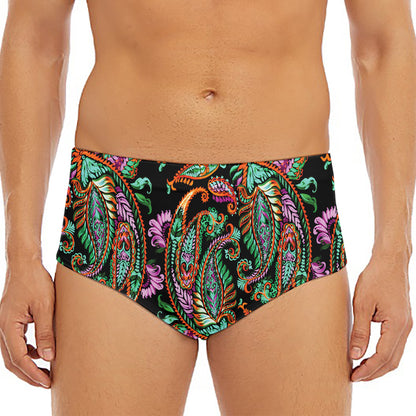 Green Orange And Pink Paisley Print Men's Triangle Swim Briefs