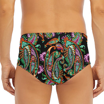 Green Orange And Pink Paisley Print Men's Triangle Swim Briefs