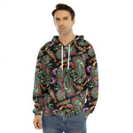 Green Orange And Pink Paisley Print Men's Velvet Pullover Hoodie