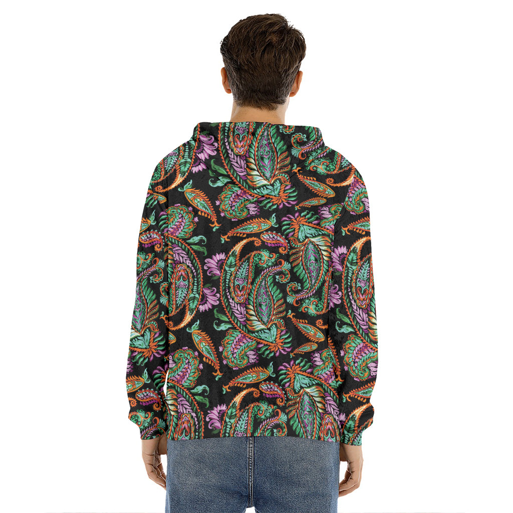 Green Orange And Pink Paisley Print Men's Velvet Pullover Hoodie