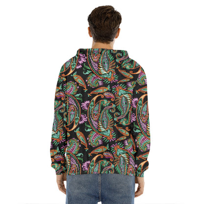 Green Orange And Pink Paisley Print Men's Velvet Pullover Hoodie