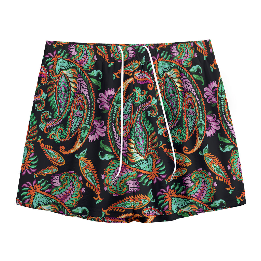 Green Orange And Pink Paisley Print Mesh Shorts