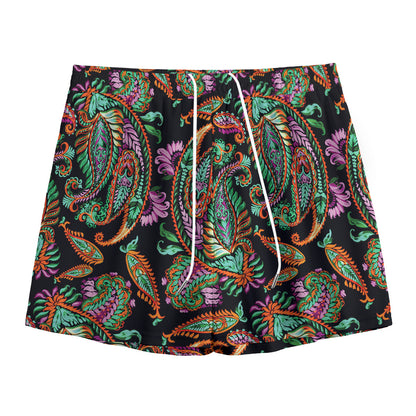 Green Orange And Pink Paisley Print Mesh Shorts