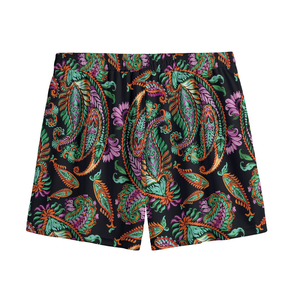 Green Orange And Pink Paisley Print Mesh Shorts