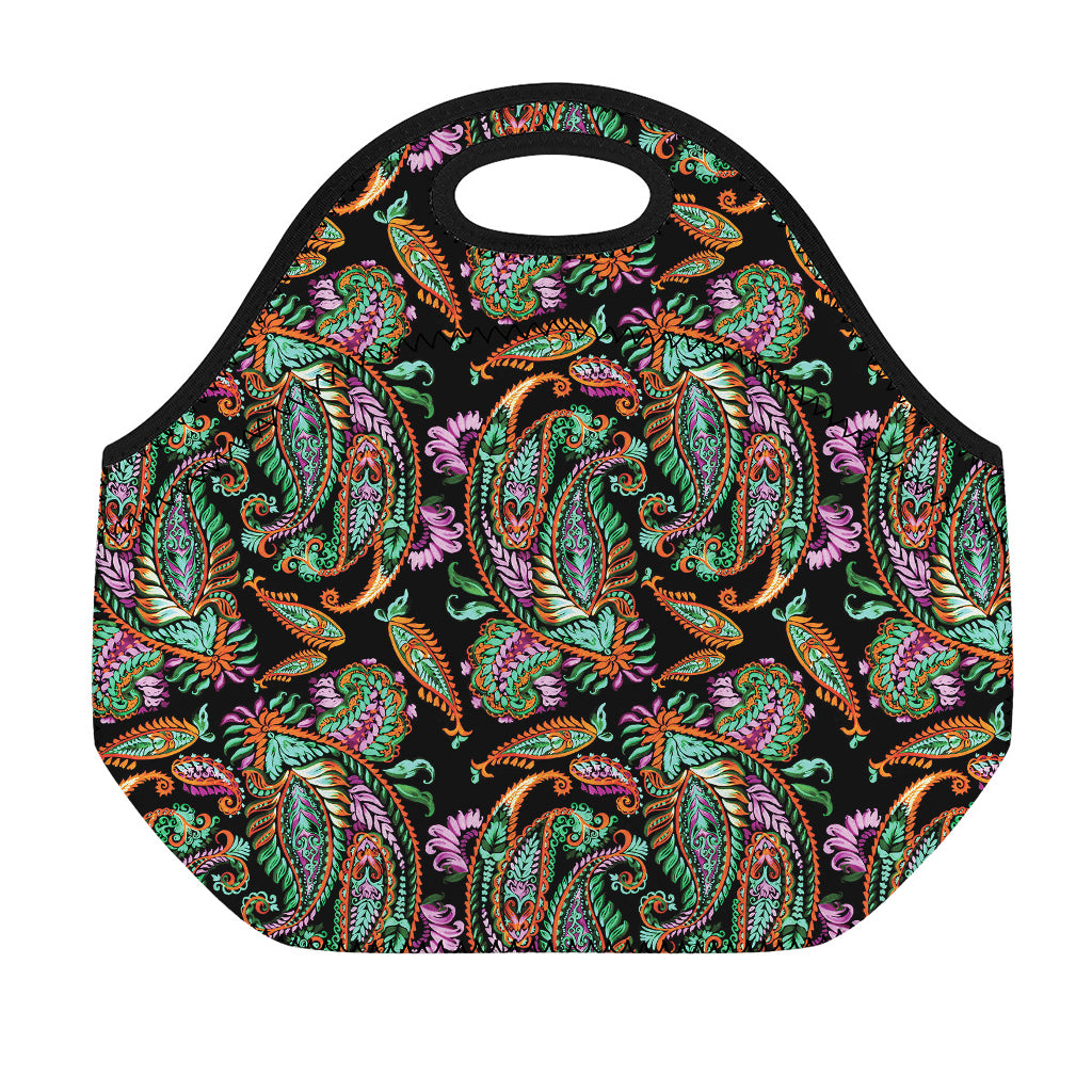 Green Orange And Pink Paisley Print Neoprene Lunch Bag