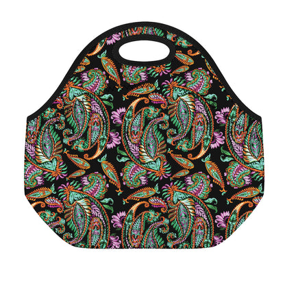 Green Orange And Pink Paisley Print Neoprene Lunch Bag