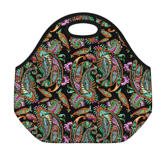 Green Orange And Pink Paisley Print Neoprene Lunch Bag