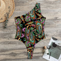 Green Orange And Pink Paisley Print One Shoulder Bodysuit
