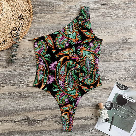Green Orange And Pink Paisley Print One Shoulder Bodysuit