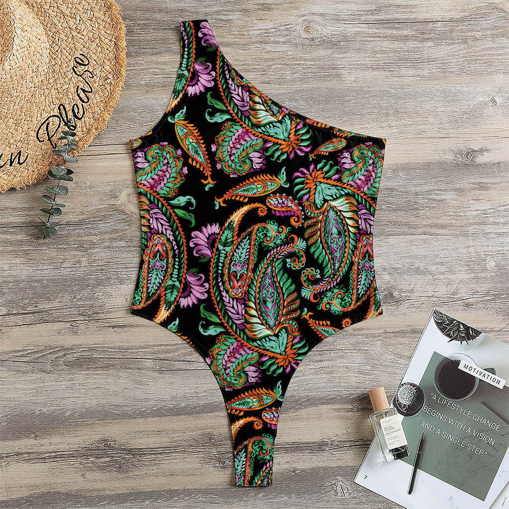 Green Orange And Pink Paisley Print One Shoulder Bodysuit