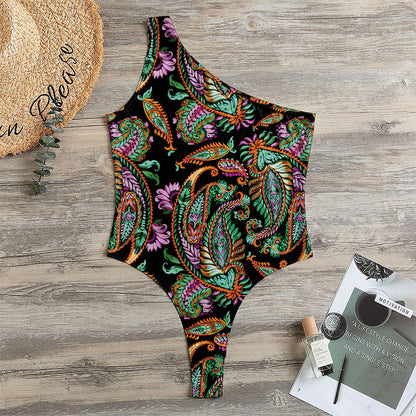 Green Orange And Pink Paisley Print One Shoulder Bodysuit
