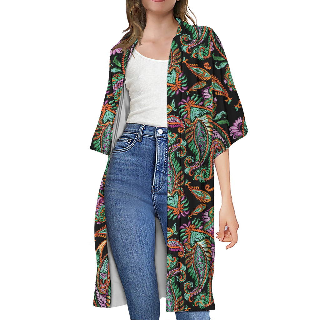 Green Orange And Pink Paisley Print Open Front Beach Cover Up