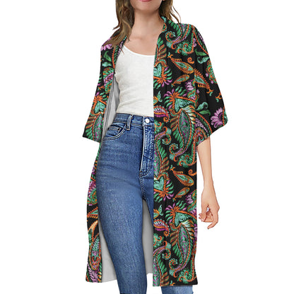 Green Orange And Pink Paisley Print Open Front Beach Cover Up