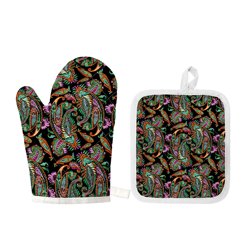 Green Orange And Pink Paisley Print Oven Mitt And Pot Holder Set