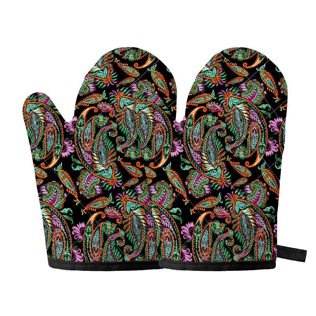 Green Orange And Pink Paisley Print Oven Mitts