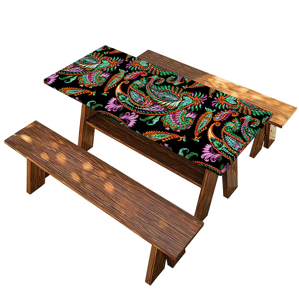 Green Orange And Pink Paisley Print Picnic Table Cover