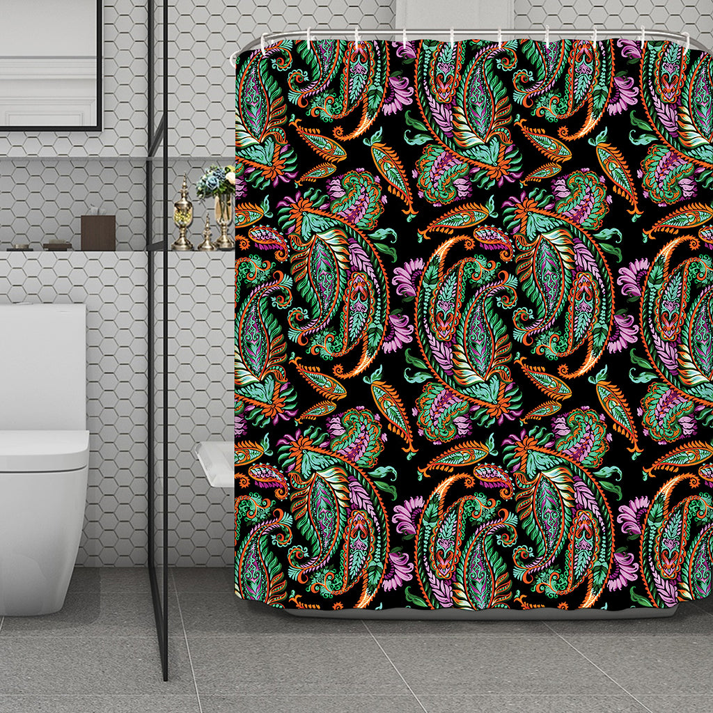 Green Orange And Pink Paisley Print Polyester Shower Curtain