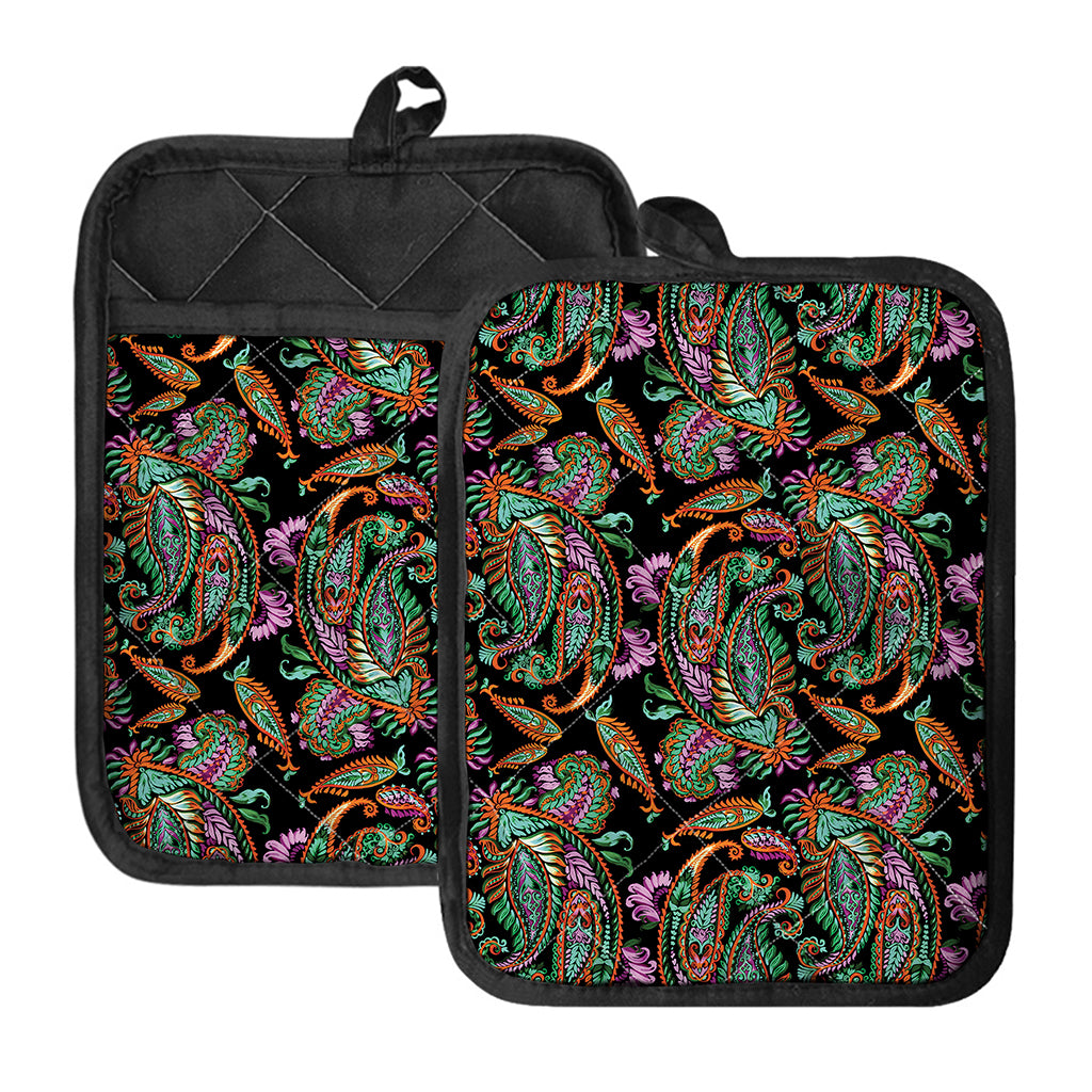 Green Orange And Pink Paisley Print Pot Holders With Pocket