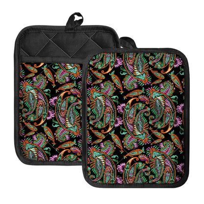 Green Orange And Pink Paisley Print Pot Holders With Pocket