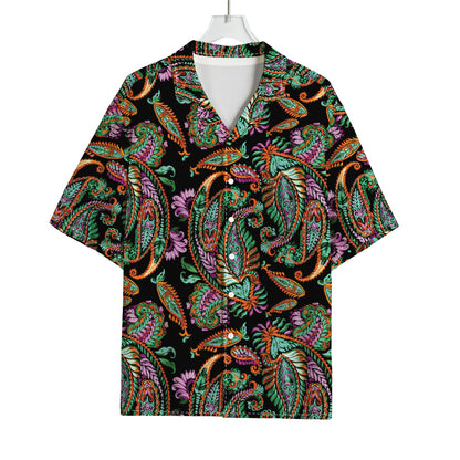 Green Orange And Pink Paisley Print Rayon Hawaiian Shirt
