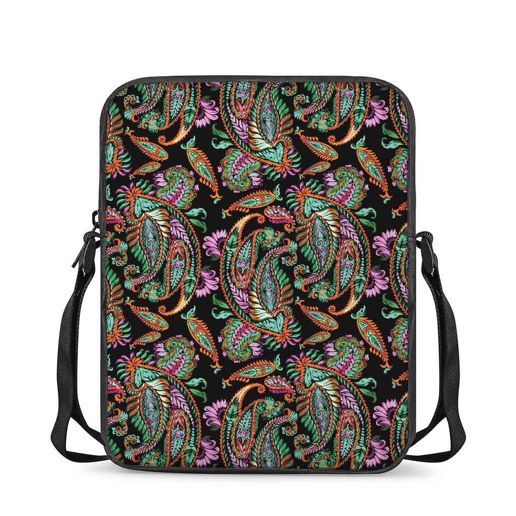 Green Orange And Pink Paisley Print Rectangular Crossbody Bag