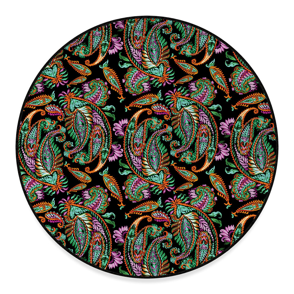 Green Orange And Pink Paisley Print Round Floor Mat