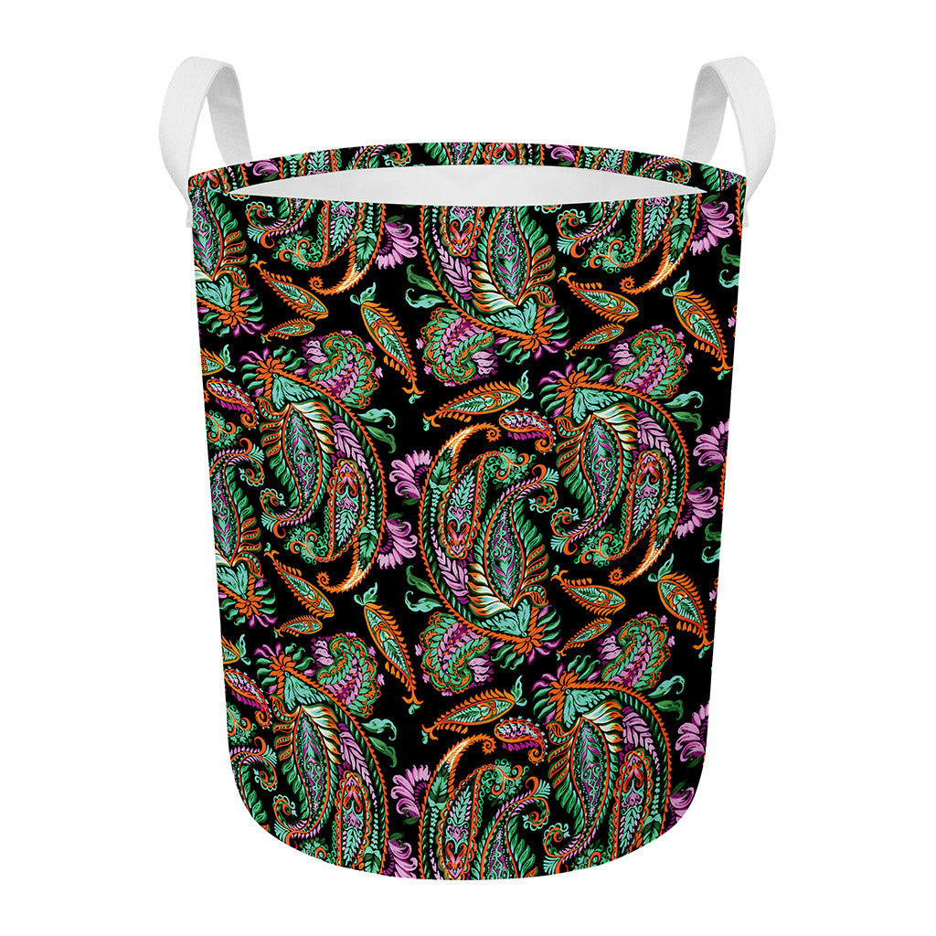 Green Orange And Pink Paisley Print Round Laundry Basket