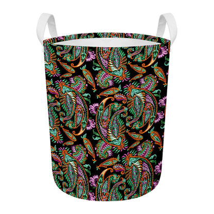 Green Orange And Pink Paisley Print Round Laundry Basket