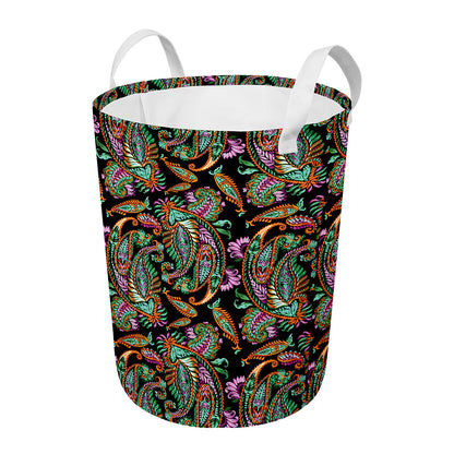 Green Orange And Pink Paisley Print Round Laundry Basket