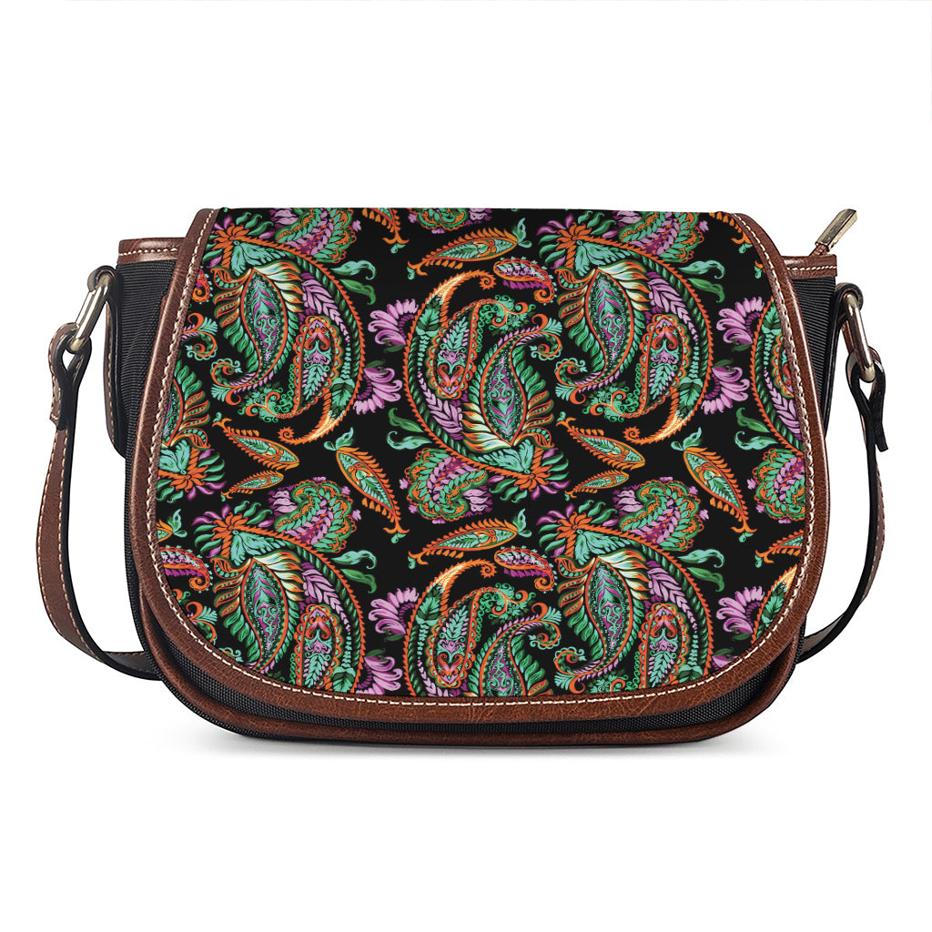 Green Orange And Pink Paisley Print Saddle Bag