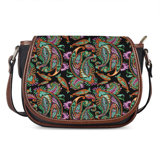 Green Orange And Pink Paisley Print Saddle Bag