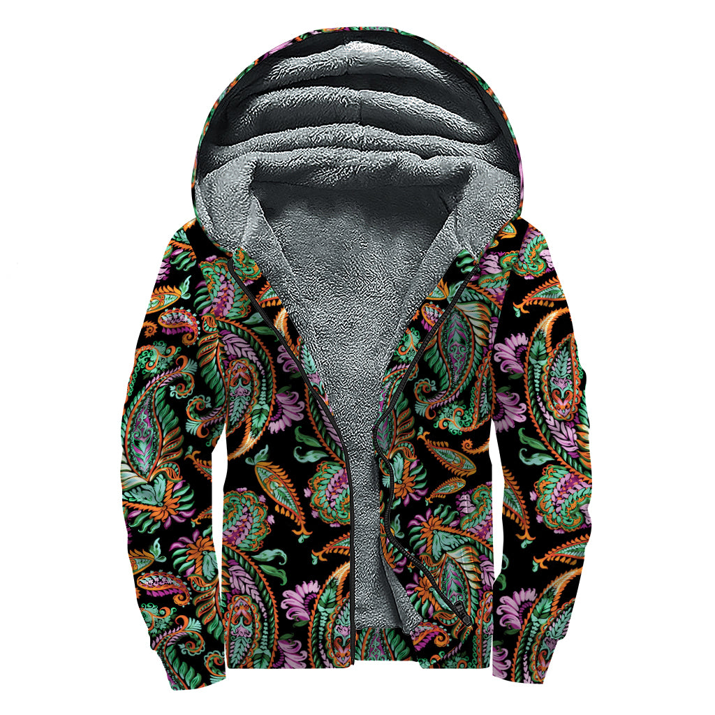 Green Orange And Pink Paisley Print Sherpa Lined Zip Up Hoodie