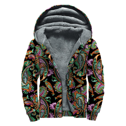 Green Orange And Pink Paisley Print Sherpa Lined Zip Up Hoodie