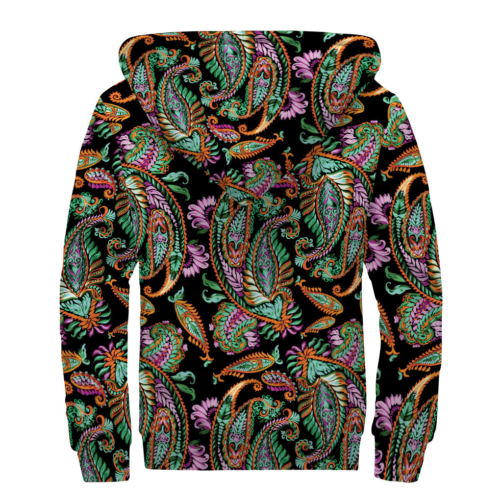 Green Orange And Pink Paisley Print Sherpa Lined Zip Up Hoodie