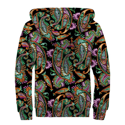 Green Orange And Pink Paisley Print Sherpa Lined Zip Up Hoodie