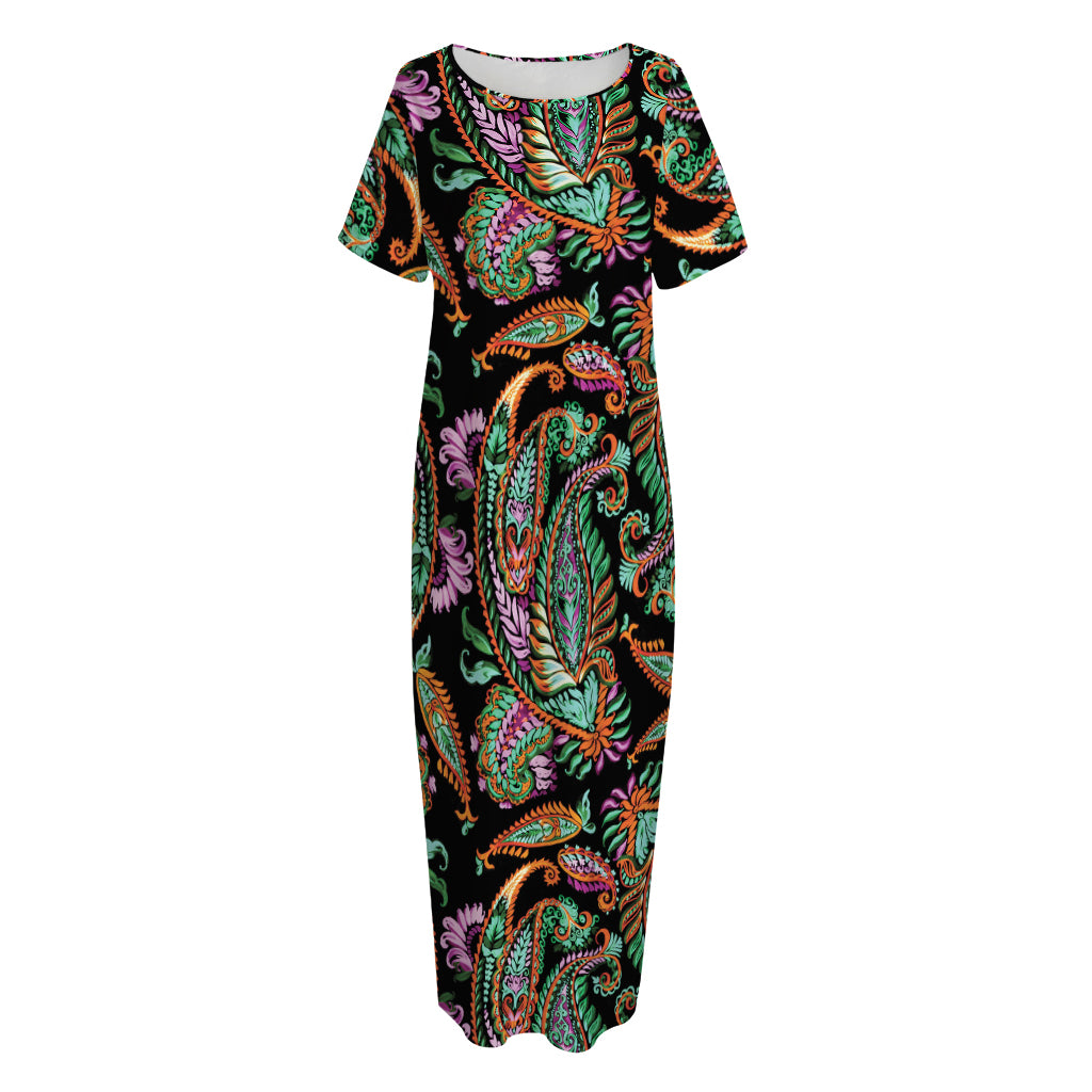 Green Orange And Pink Paisley Print Short Sleeve Long Nightdress