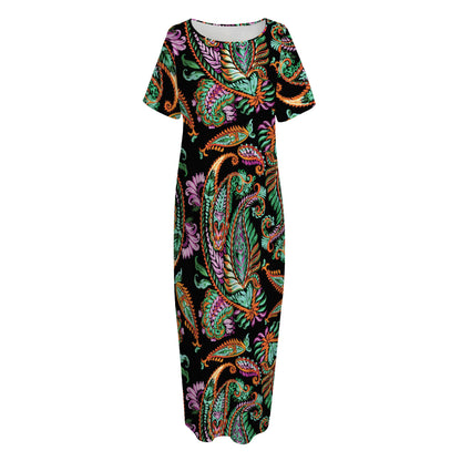 Green Orange And Pink Paisley Print Short Sleeve Long Nightdress