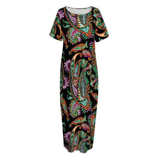 Green Orange And Pink Paisley Print Short Sleeve Long Nightdress
