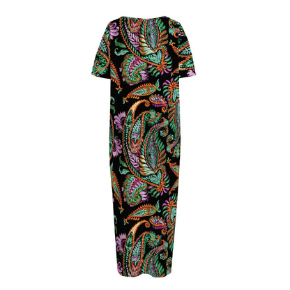 Green Orange And Pink Paisley Print Short Sleeve Long Nightdress