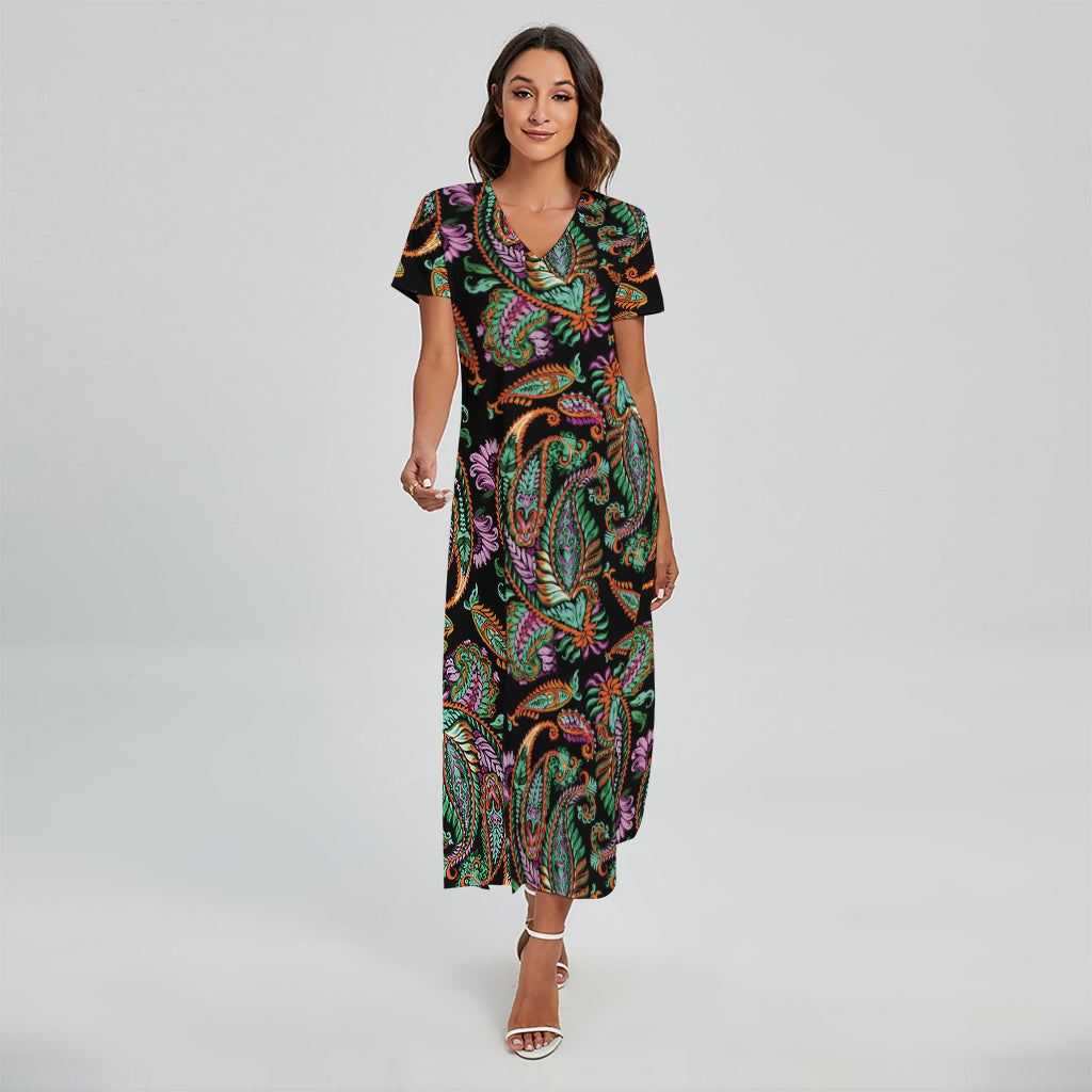 Green Orange And Pink Paisley Print Short Sleeve Maxi Dress