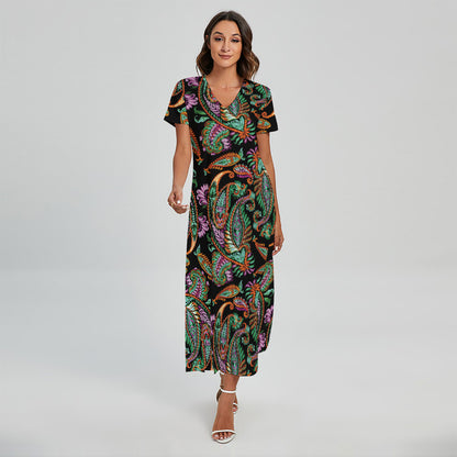 Green Orange And Pink Paisley Print Short Sleeve Maxi Dress